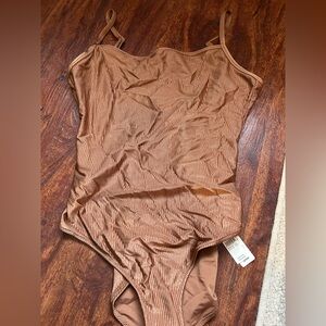 AERIE shine rib scoop one piece full coverage swimsuit in brown XL long NEW NWT